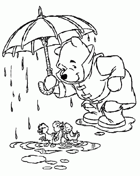 Dibujos para pintar: Dibujo de Winnie Pooh bajo la lluvia.