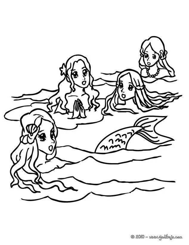 Dibujos SIRENAS para colorear, grupo de sirenas nadando para imprimir