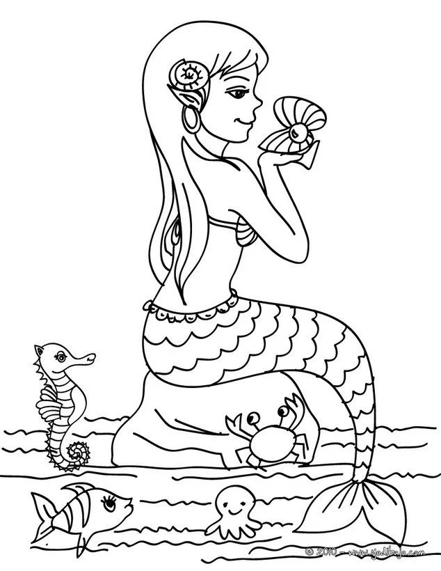 Dibujos SIRENAS para colorear, una sirena con mariscos para imprimir