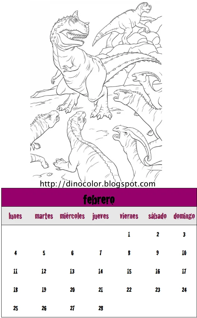 Dinosaurios para colorear: Calendario dinosaurios 2013: Febrero