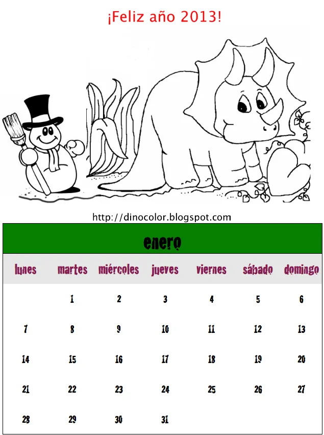 Dinosaurios para colorear: Calendario dinosaurios 2013: Mes de Enero