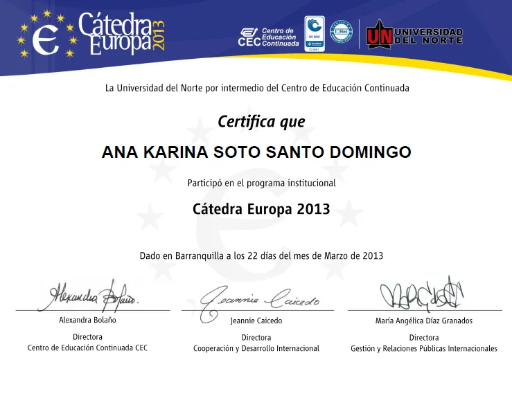 Diploma de participación Cátedra de Europa 2013 | Ana Karina Soto ...