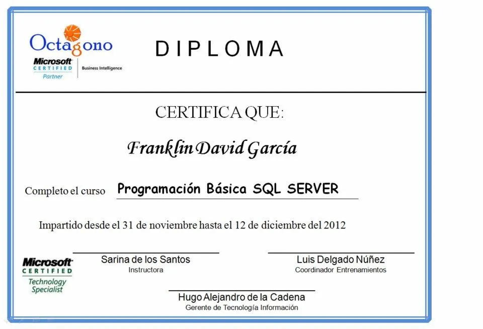 Mi Diploma de Programación Básica en Microsoft SQL Server…..Happy ...