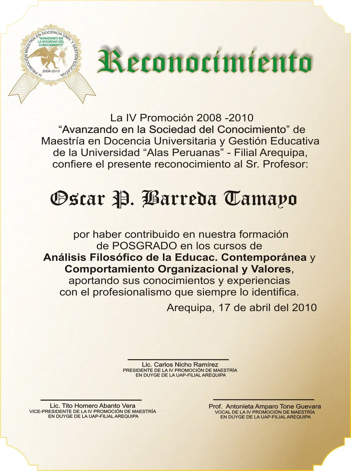 Ejemplo de diploma de reconocimiento - Imagui