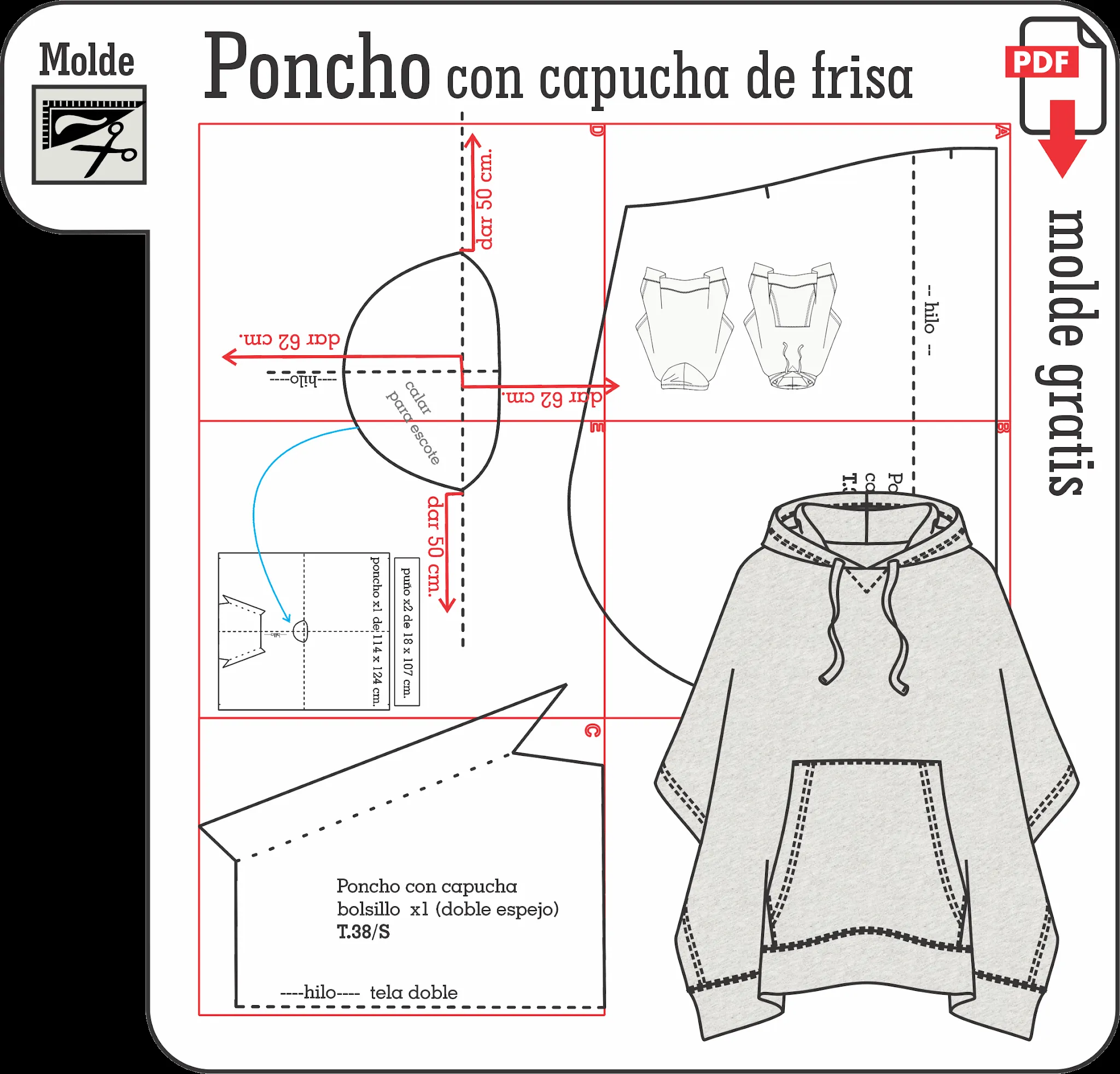 DISEÑO, MOLDES Y COSTURA: Poncho con capucha