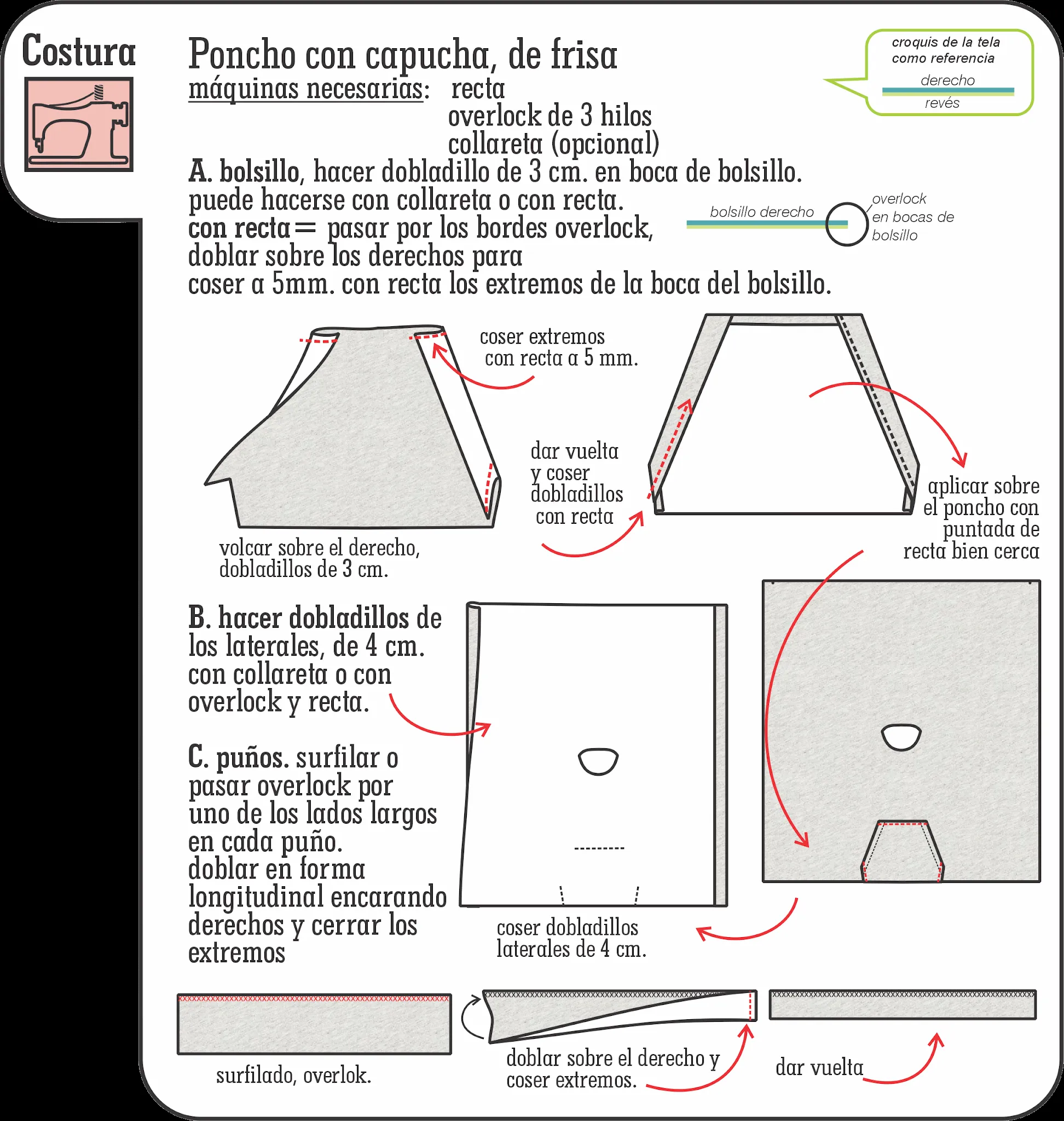 DISEÑO, MOLDES Y COSTURA: Poncho con capucha