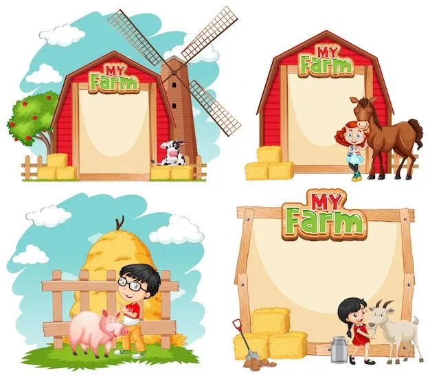 Diseño de plantilla de borde con niños y animales de granja | Vector Gratis