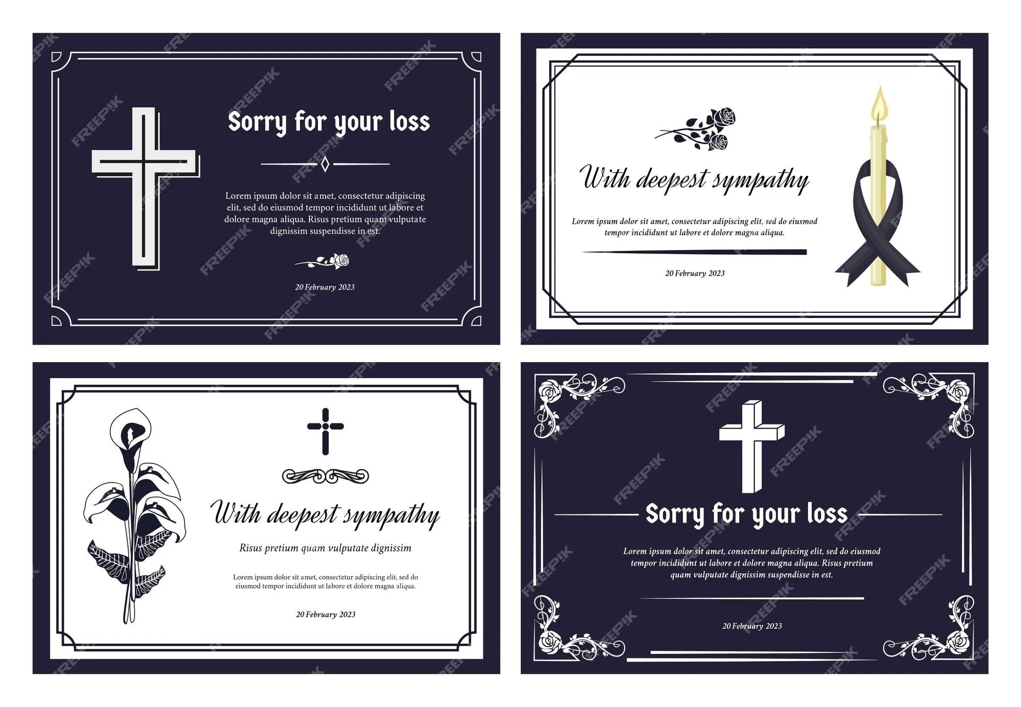 Diseño de tarjeta funeraria banner de condolencia con el más profundo  pésame y perdón por su pérdida conjunto de vectores de plantilla decorativa  de bordes de marco | Vector Premium