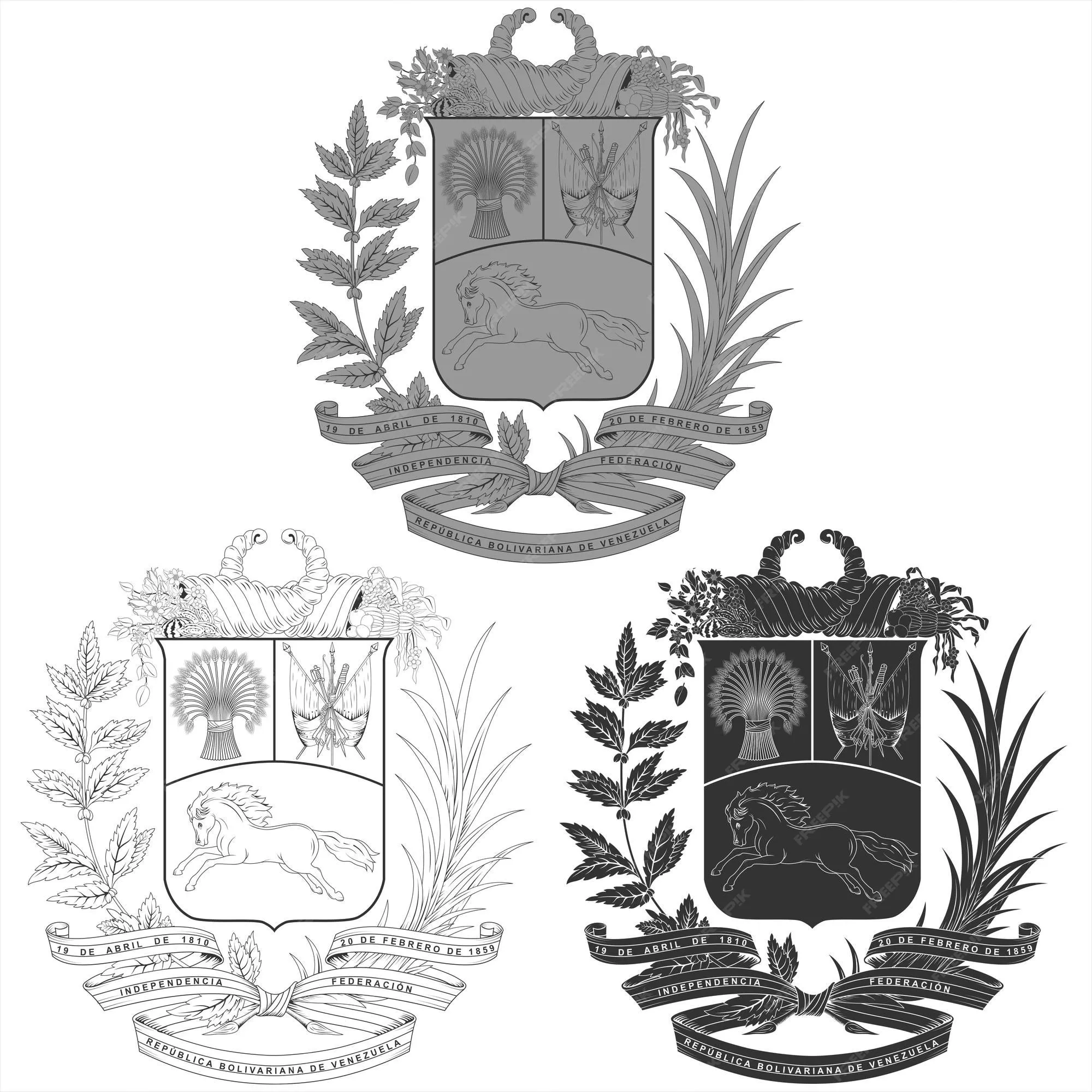 Diseño vectorial del escudo de armas de venezuela en tres estilos  diferentes | Vector Premium