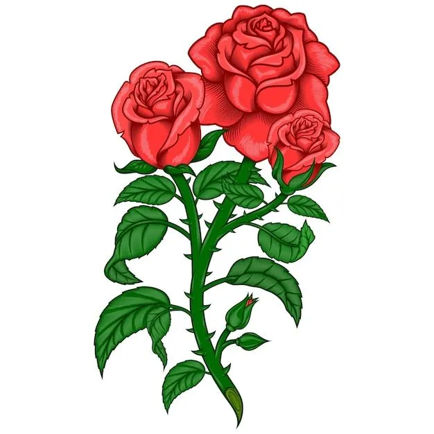 Diseño vectorial de un ramo de rosas con tallo de hojas y espinas | Vector Premium