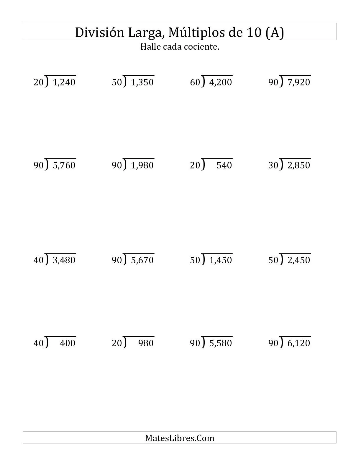 División Larga por Múltiplos de 10 sin Resto (A) Hojas de ...