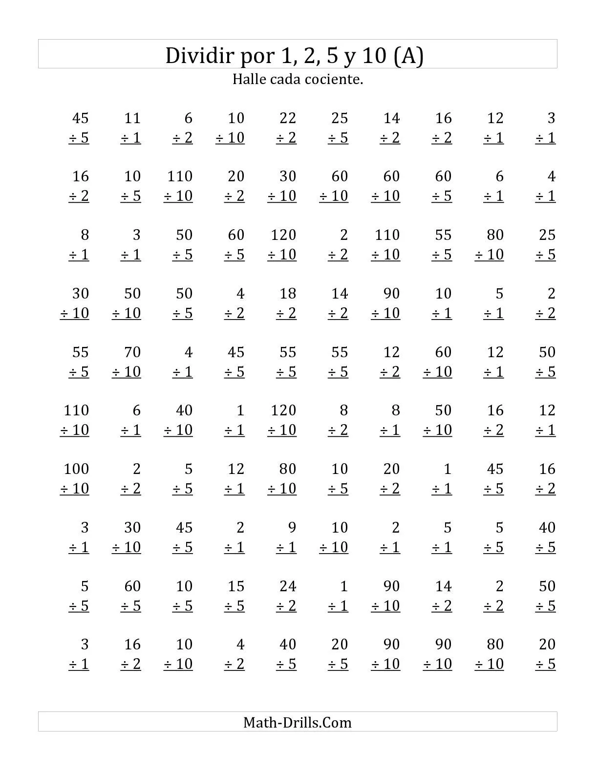 Divisiones Básicas por 1, 2, 5 y 10 (A) Hojas de Ejercicios de ...