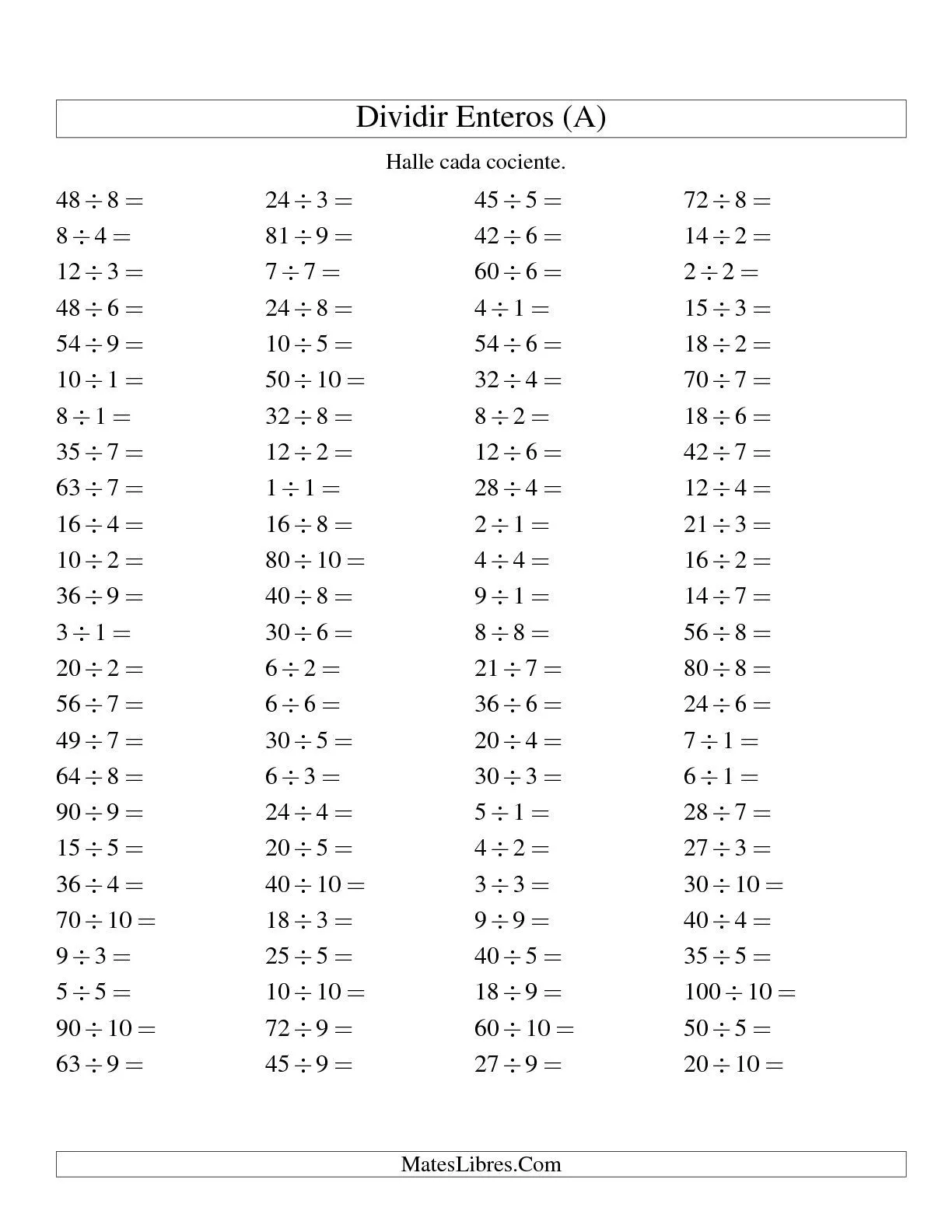 Divisiones Básicas hasta 100 (sin Ceros) (A) Hojas de Ejercicios ...