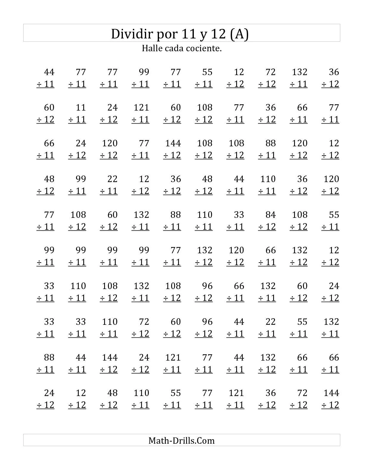 Divisiones Básicas por 11 y 12 (A) Hojas de Ejercicios de División