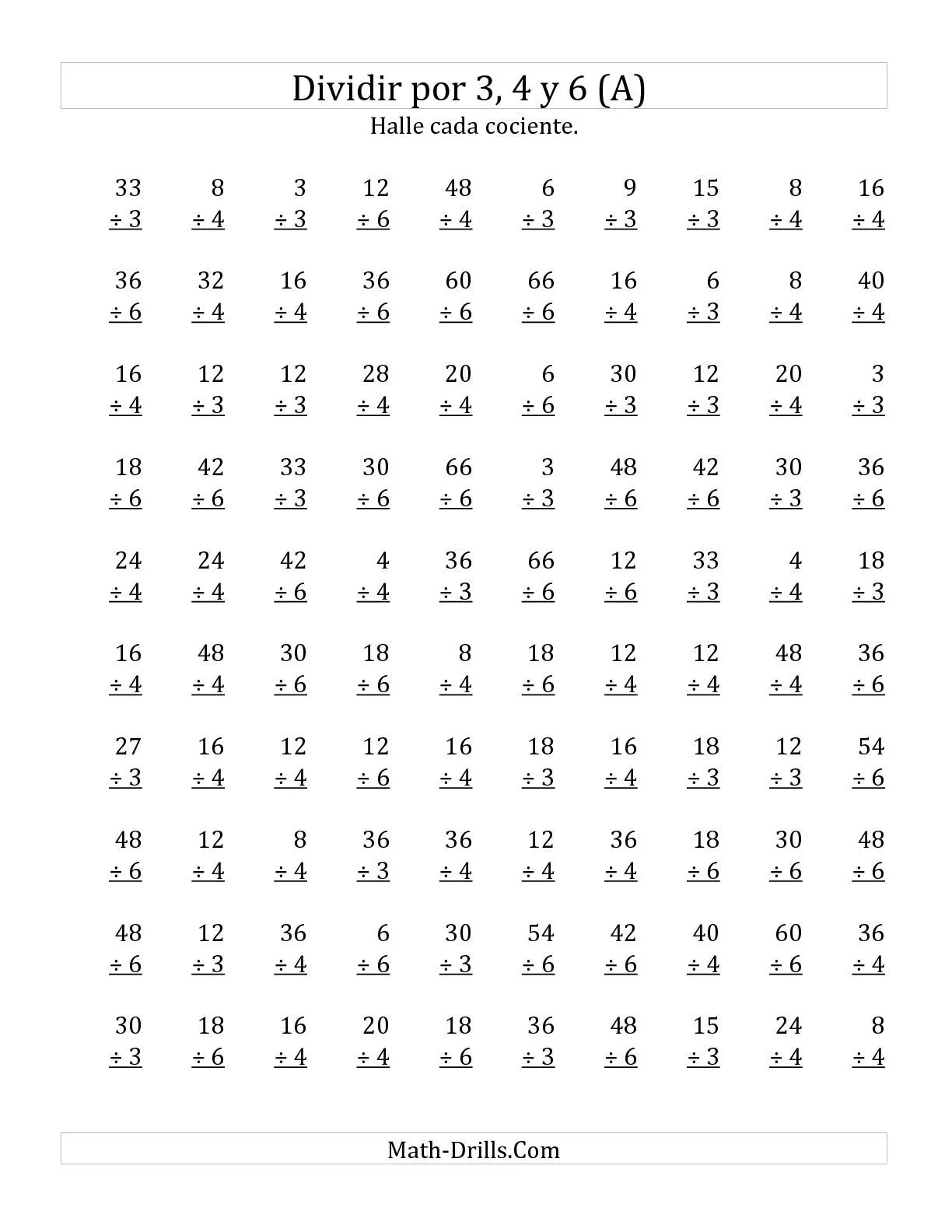 Divisiones Básicas por 3, 4 y 6 (A) Hojas de Ejercicios de División