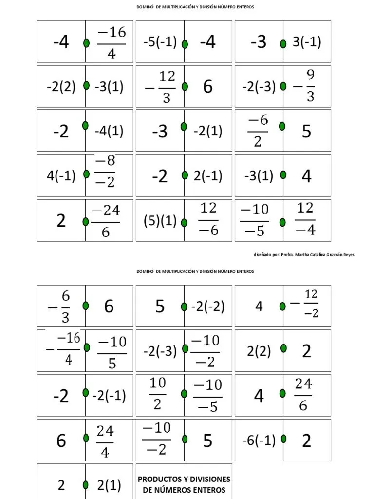 Domino Multiplicacion y Division Numeros Enteros | PDF