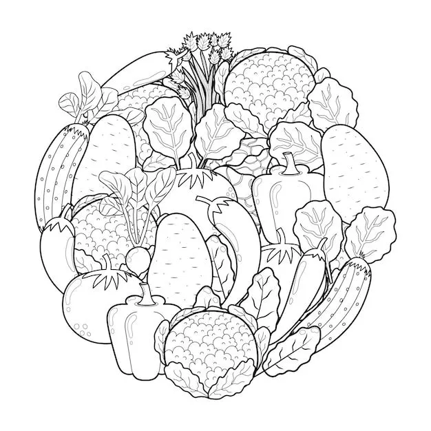 Doodle patrón de forma de círculo de verduras para colorear libro mandala  de alimentos página para colorear | Vector Premium