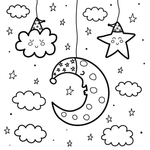 Dormir luna y estrella en la noche página para colorear. dulces sueños  tarjeta en blanco y negro. ilustración de fantasía de contorno | Vector  Premium