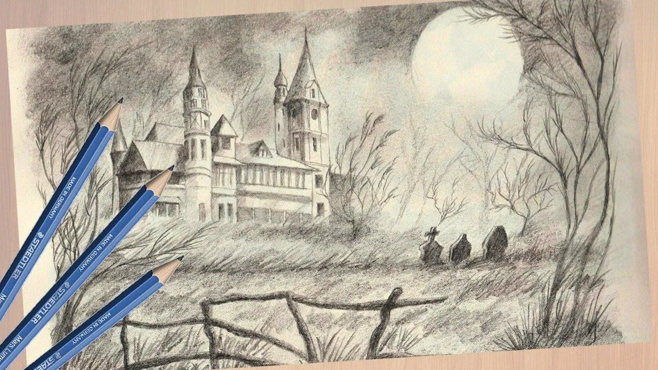 Draw a haunted castle with pencil - YouTube