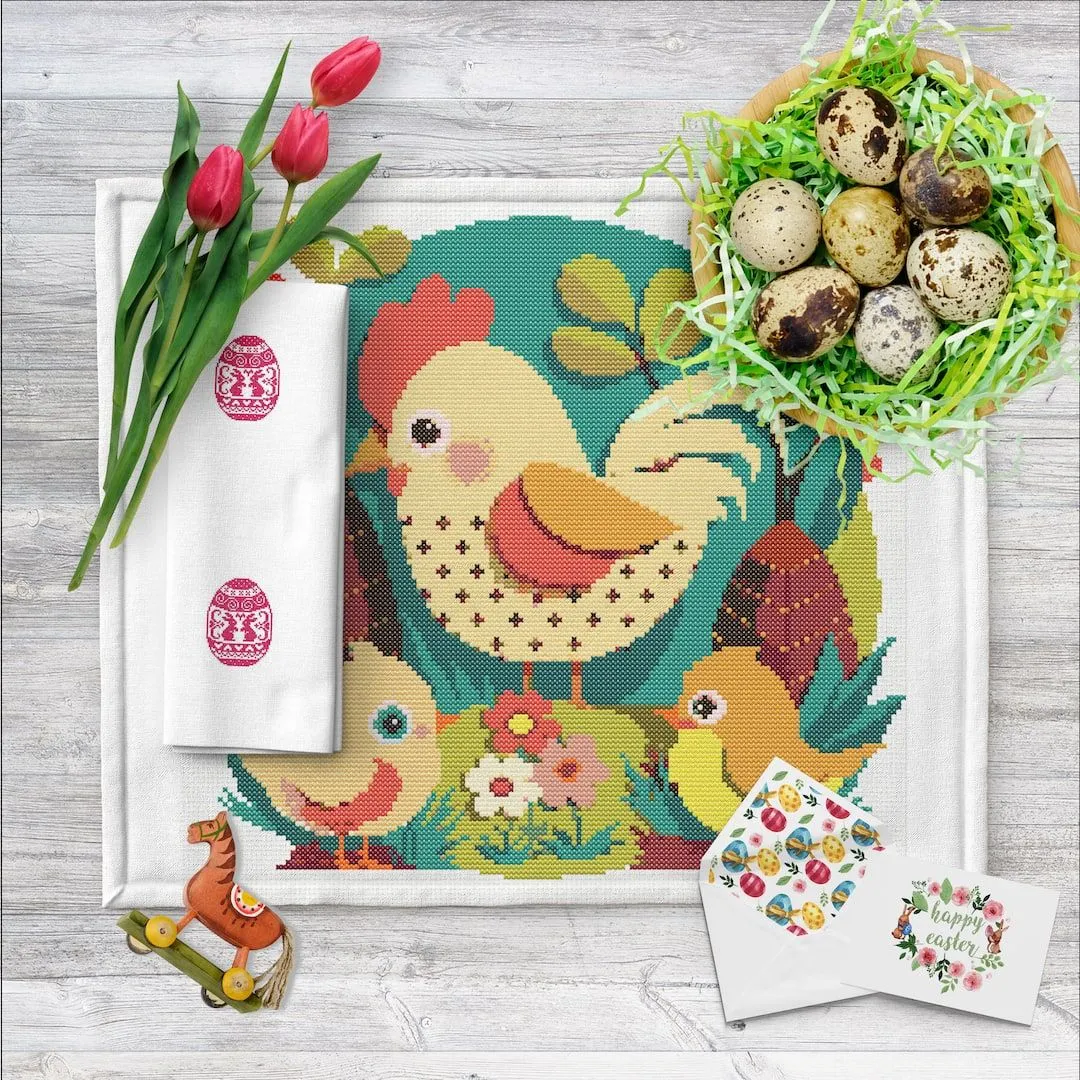 Easter cross stitch pattern with chicks and chocolate eggs - Crealandia