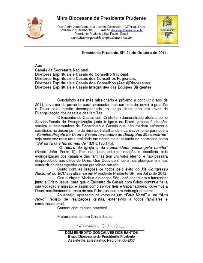 E.C.C. DIOCESE DE SANTOS: CARTA DE DOM BENEDITO - MENSAGEM DE FIM ...