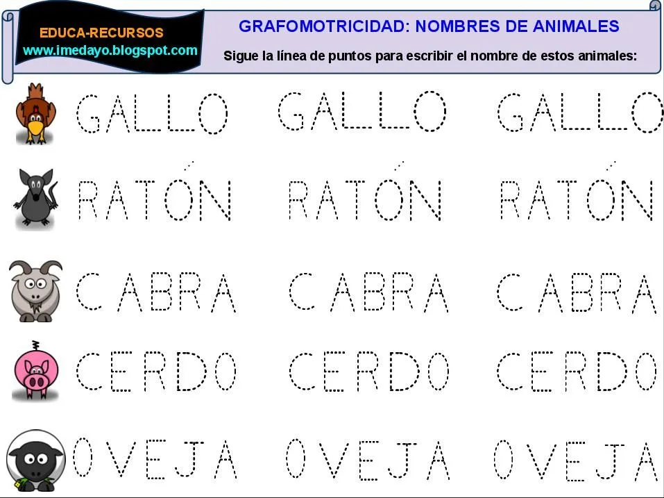 EDUCA-RECURSOS: Grafomotricidad: Nombres de Animales