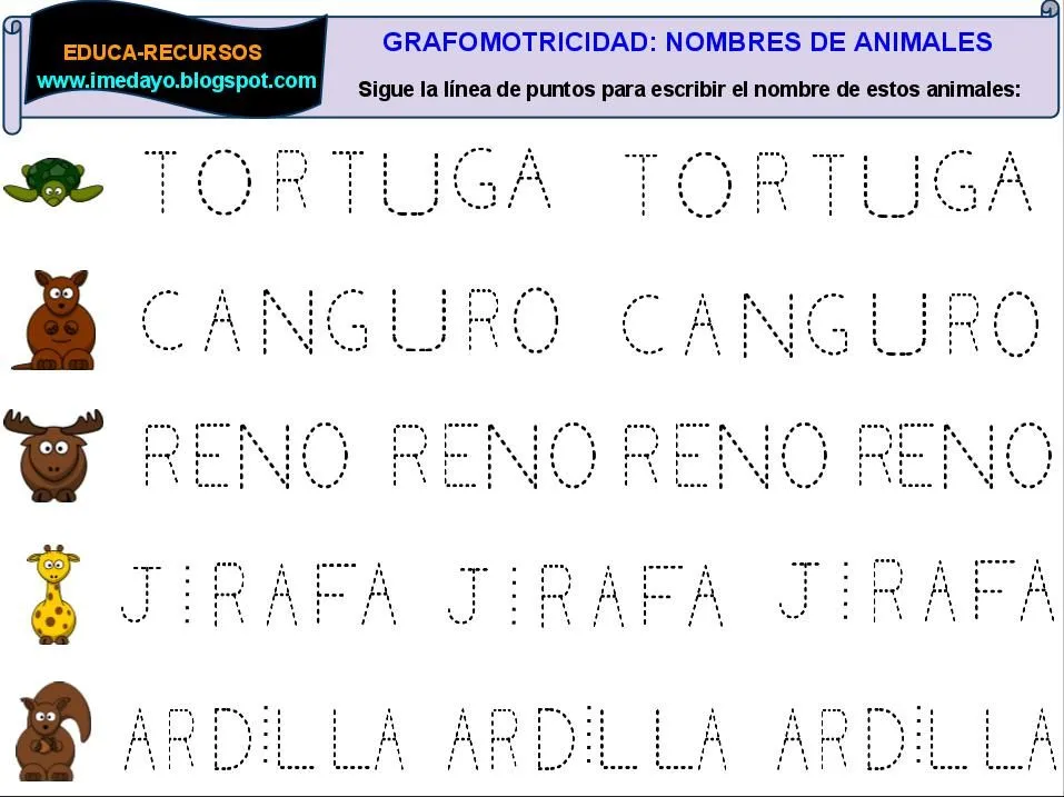 EDUCA-RECURSOS: Grafomotricidad: Nombres de Animales