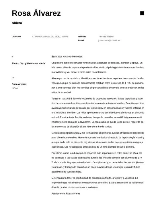 Ejemplos de carta de presentación para Niñera (2023) · CVapp.es