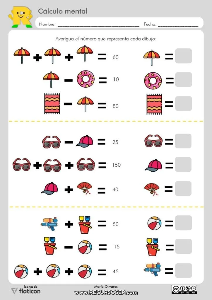 Ejercicio de cálculo mental con dibujos de verano