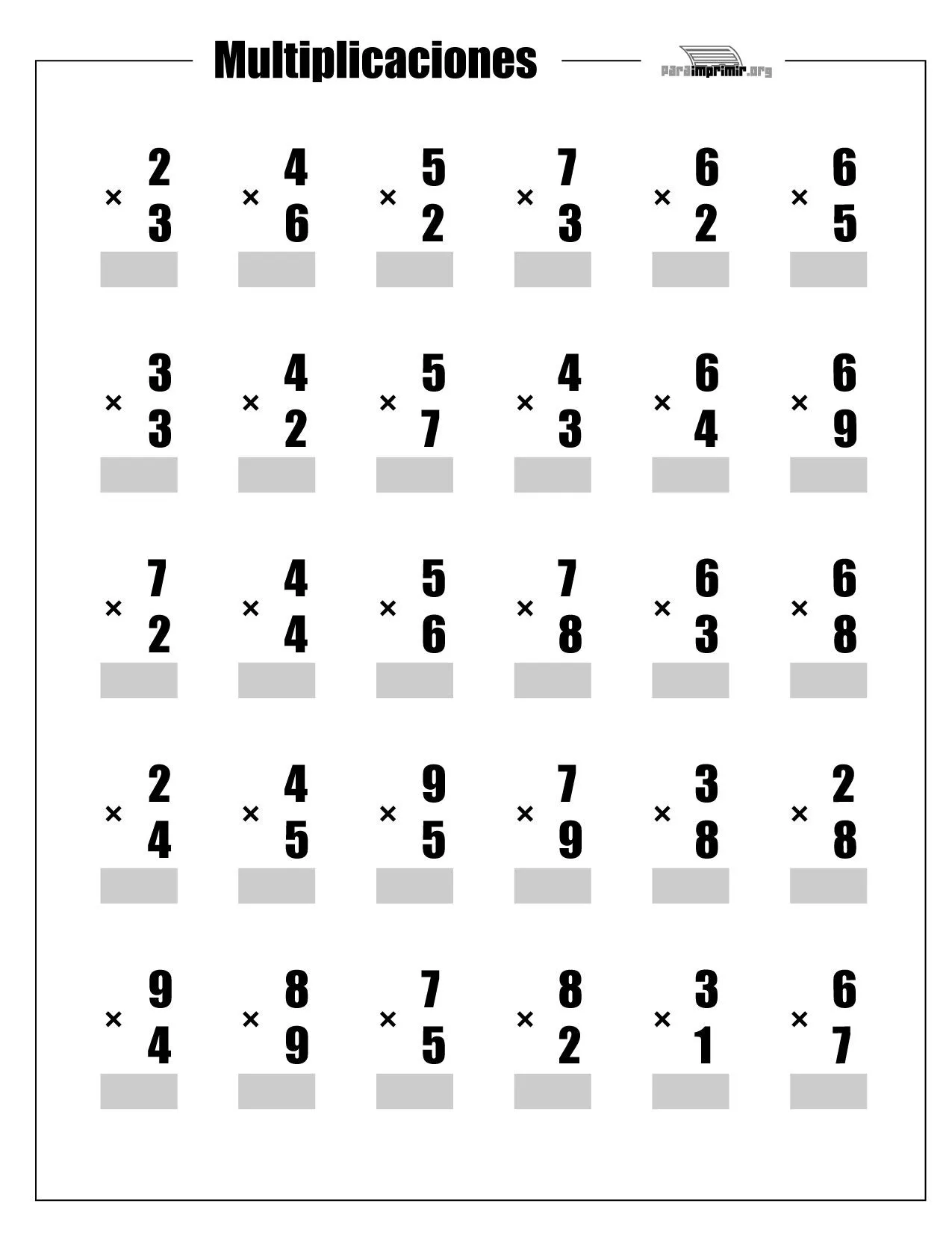 Ejercicio de multiplicaciones para imprimir