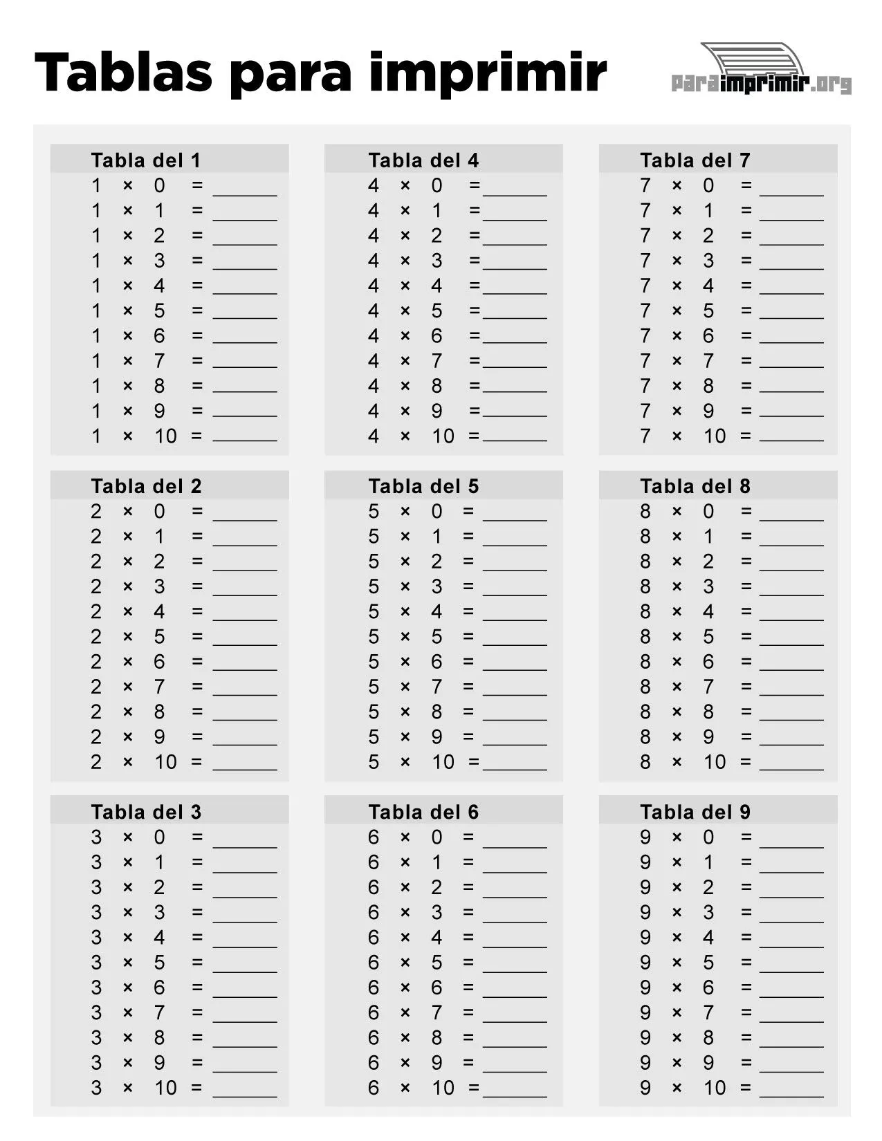 Ejercicio de Tablas de multiplicar para imprimir