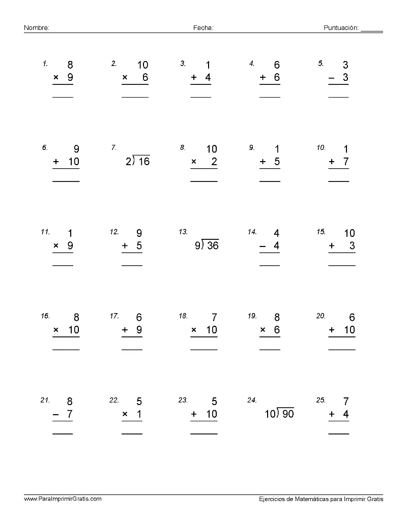 Ejercicios de Matemáticas - Para Imprimir Gratis - ParaImprimirGratis.