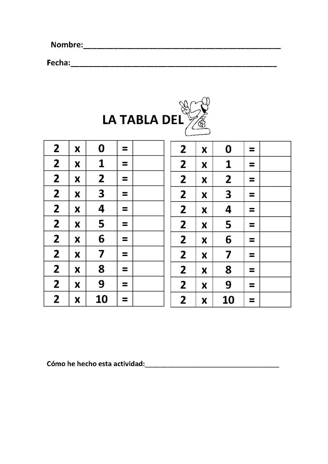 Ejercicios de la Tabla del 2 - Imagui