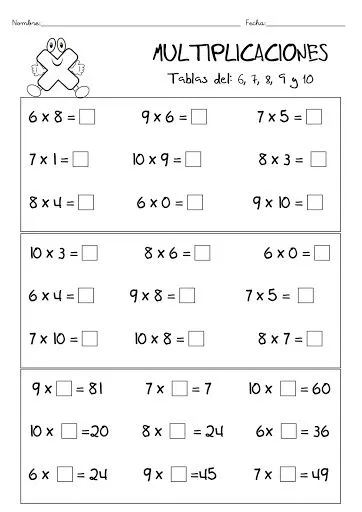 EJERCICIOS TABLAS DE MULTIPLICAR PARA IMPRIMIR