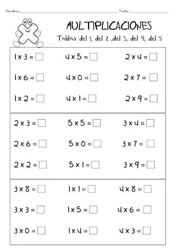 EJERCICIOS TABLAS DE MULTIPLICAR PARA IMPRIMIR