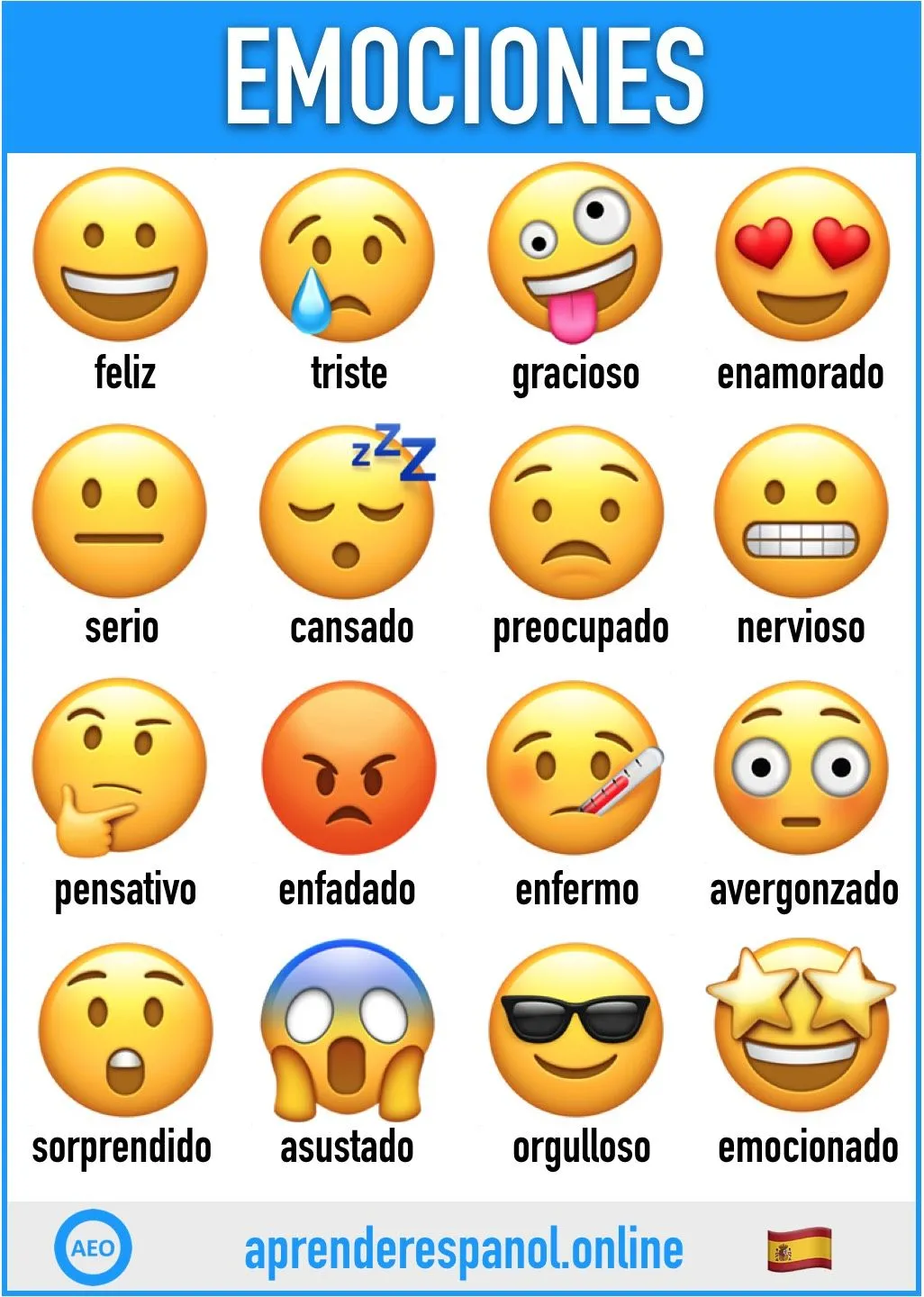 Emociones en español | Caritas de emociones, Tarjetas de vocabulario en  español, Aprender español