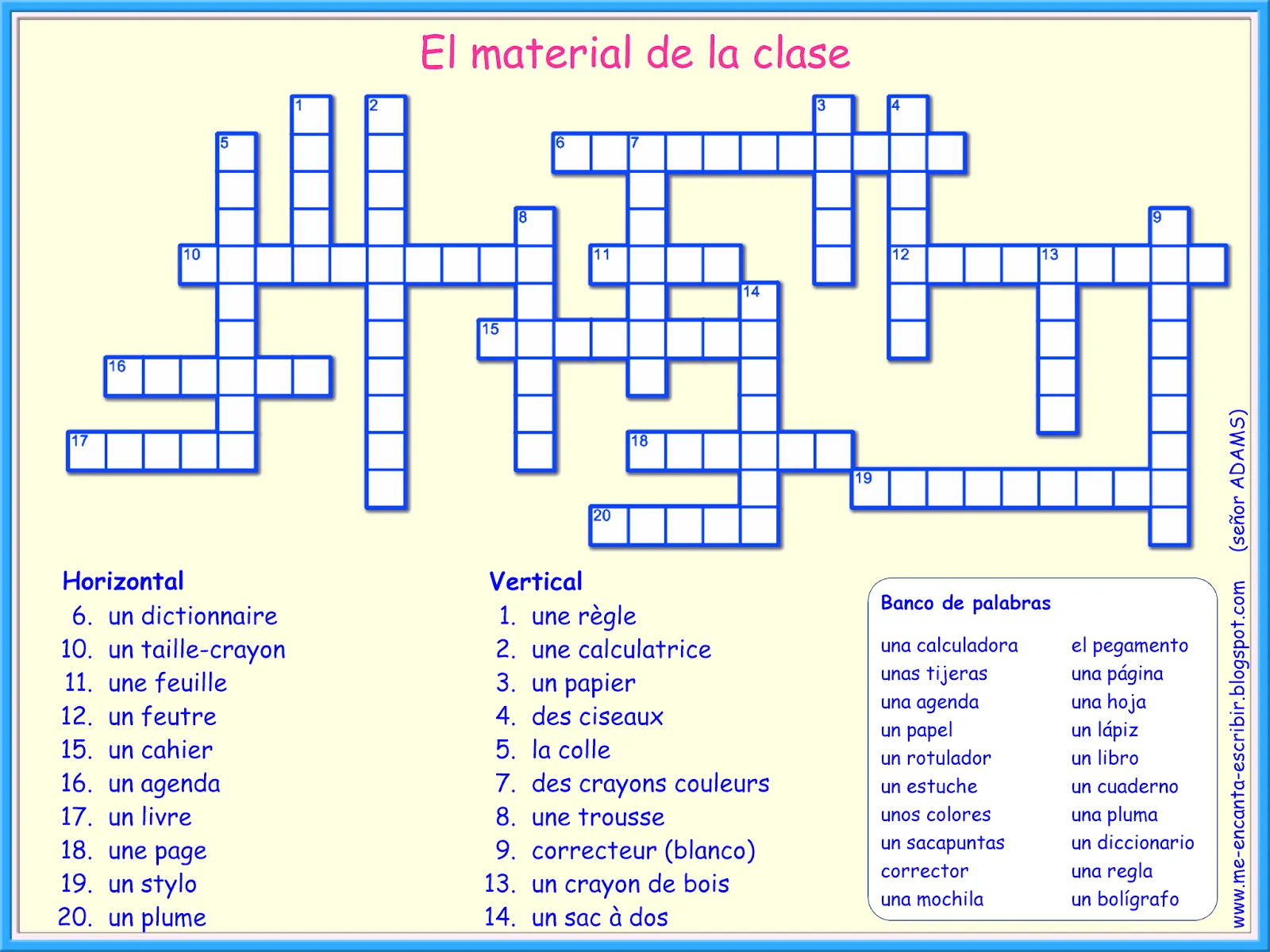 Me encanta escribir en español: El material de la clase (Crucigrama)