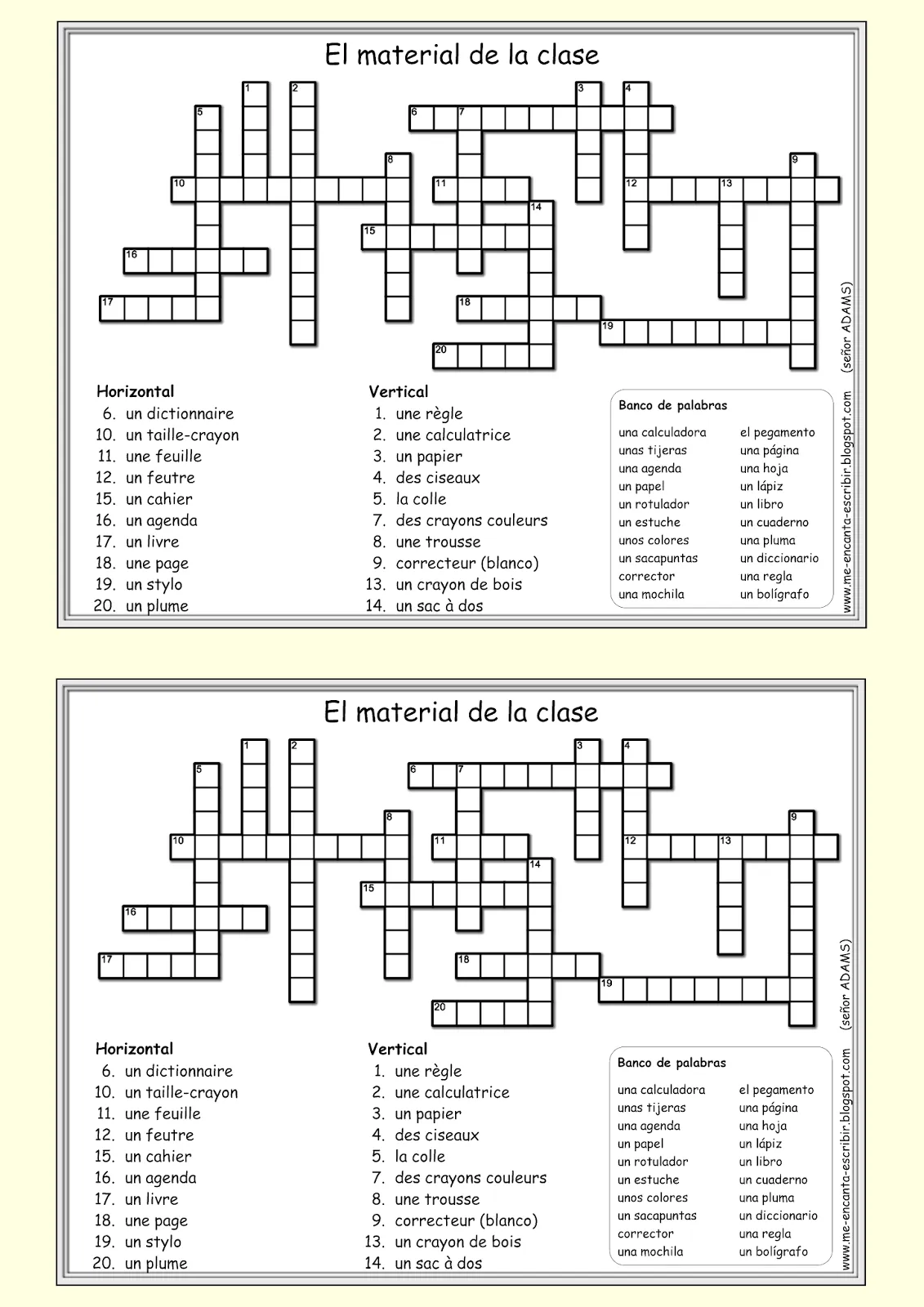 Me encanta escribir en español: El material de la clase (Crucigrama)