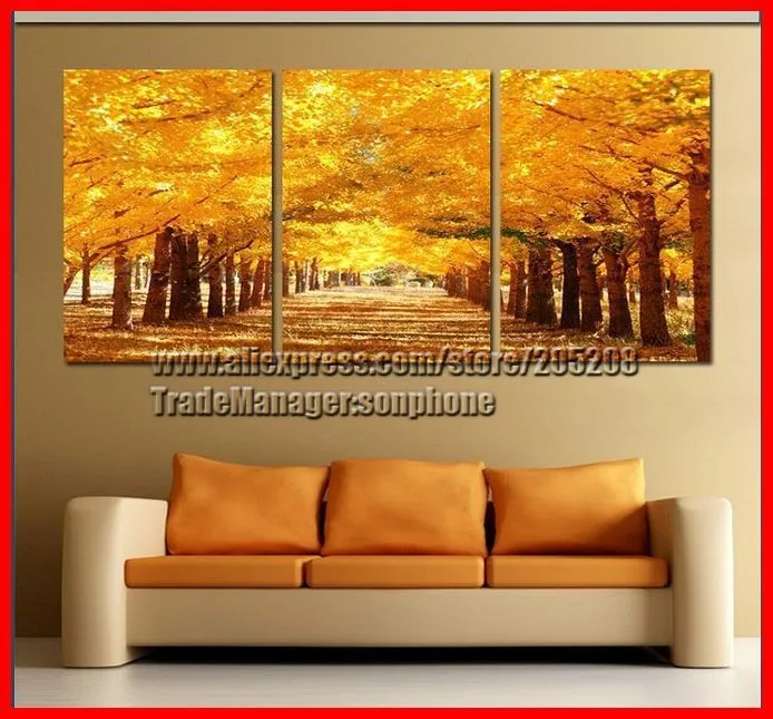 Enmarcado 3 Panel Large Golden Avenue paisaje oro pintura al óleo ...