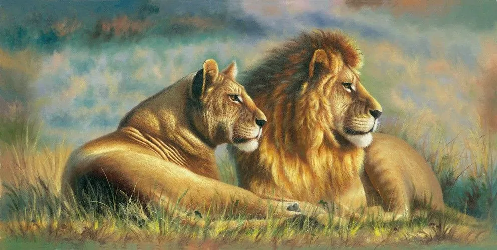 Envío gratuito de pastizales Leones arte de la lona Pintura Mural ...