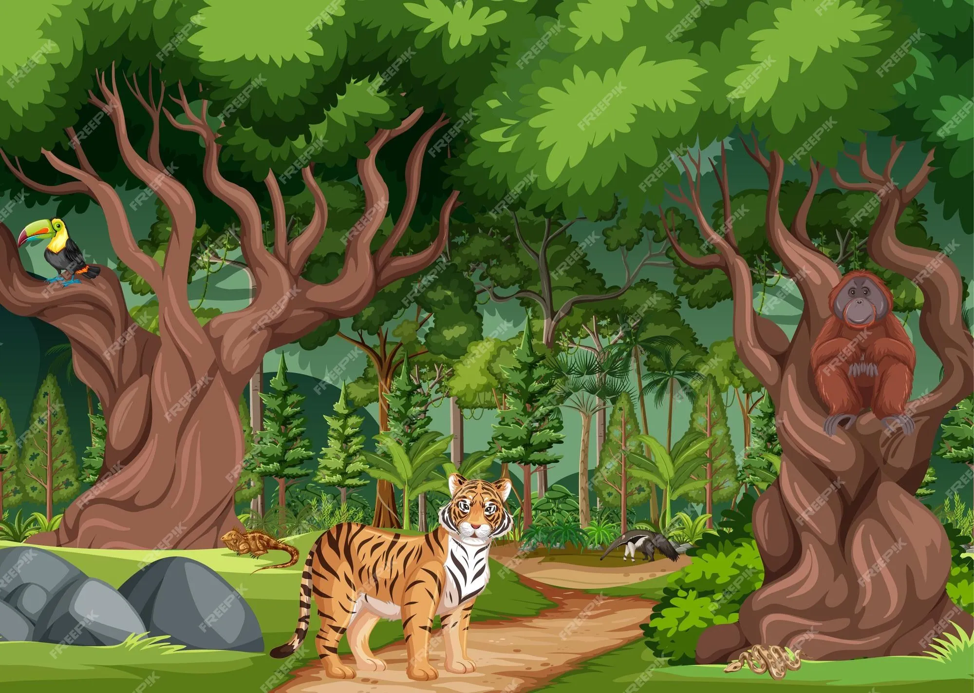 Escena de bosque lluvioso o bosque tropical con diferentes animales  salvajes. | Vector Premium