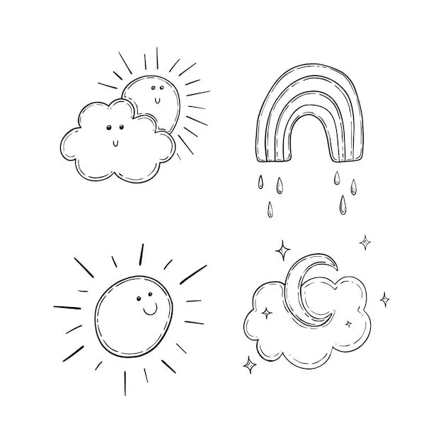 Establecer fenómeno meteorológico sol nube luna arco iris lluvia estrellas  garabato lineal dibujos animados para colorear | Vector Premium