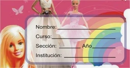 ETIQUETAS PARA CUADERNOS: Barbie con Fondo Rosa y Arco Iris