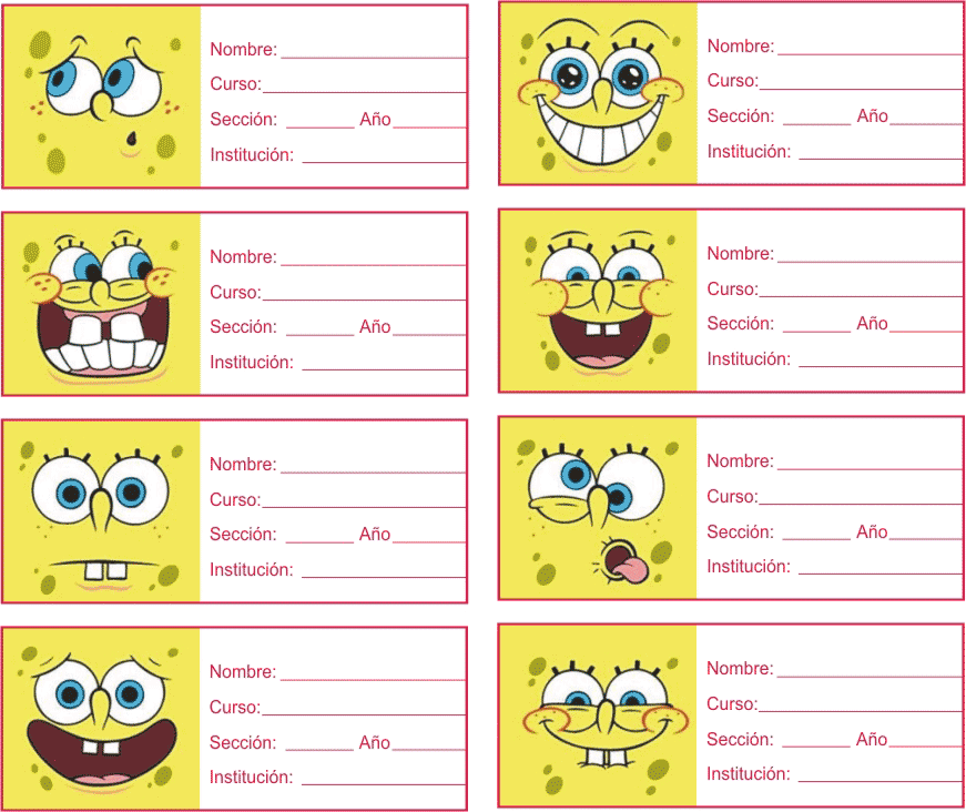 ETIQUETAS PARA CUADERNOS: Bob Esponja Caras