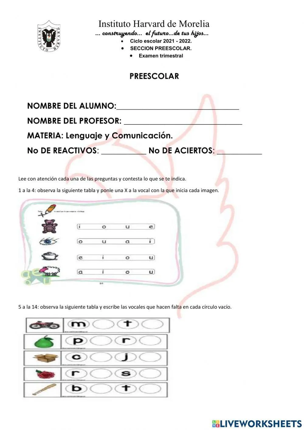 Examen trimestral interactive worksheet for preescolar 3 | Live Worksheets