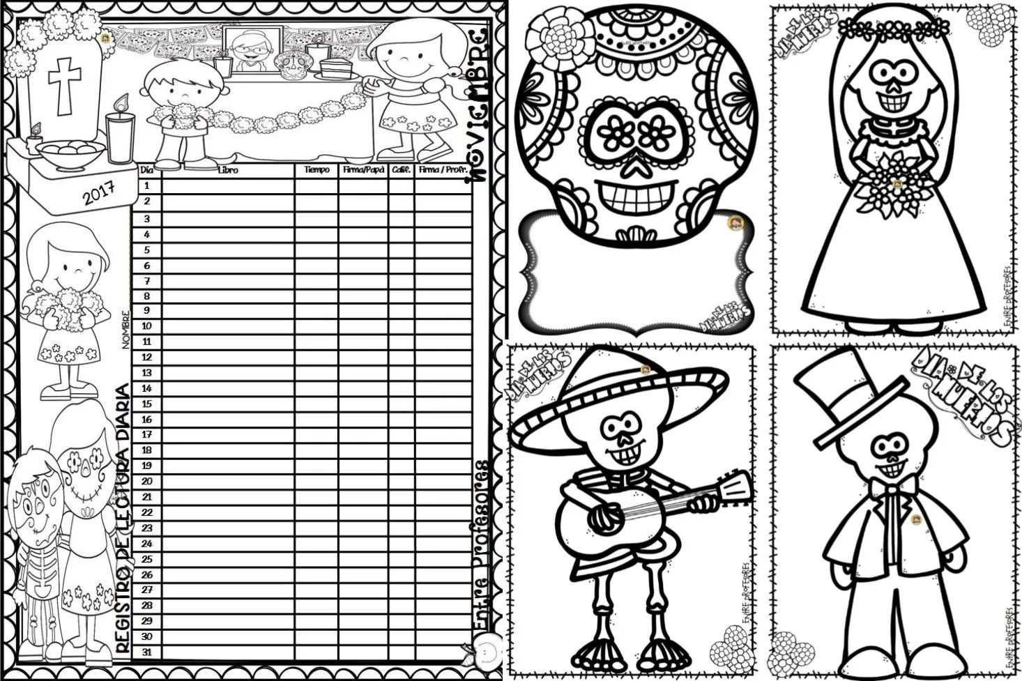 Excelente registro de lectura del mes de noviembre y dibujos para colorear  de día de muertos | Material Educativo