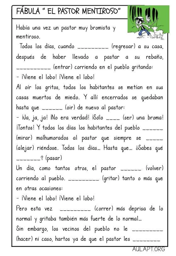 LA FÁBULA DEL PASTOR MENTIROSO. ACTIVIDADES DE COMPRENSIÓN - Aula PT