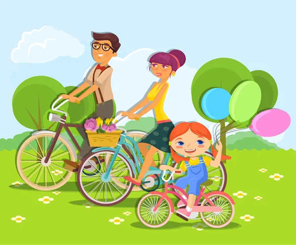 Familia de paseos en bicicleta. Plano ilustración de vector de ...