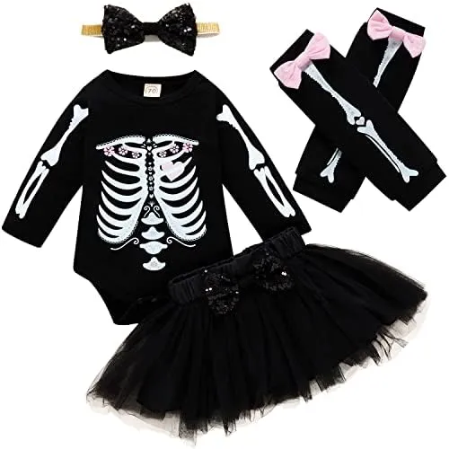 FANCYINN Disfraz de esqueleto para bebés y niñas, trajes de Halloween y  parte superior de calavera de hueso, falda tutú de tul, disfraces de  carnaval, leggings con diadema, 4 unidades, 70 0