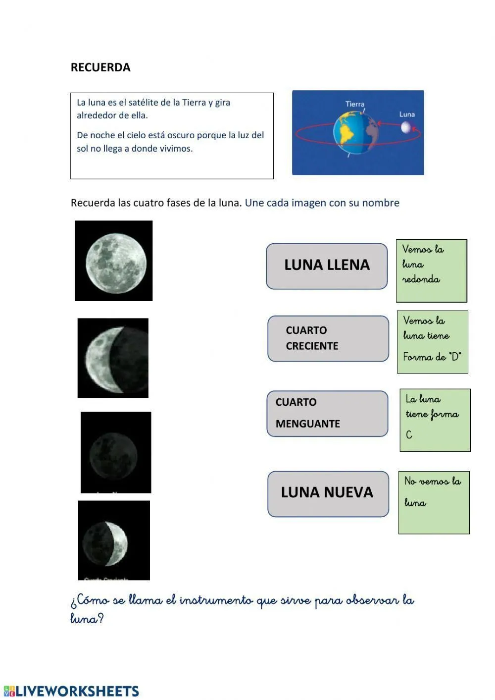 Las fases de la luna worksheet | Live Worksheets